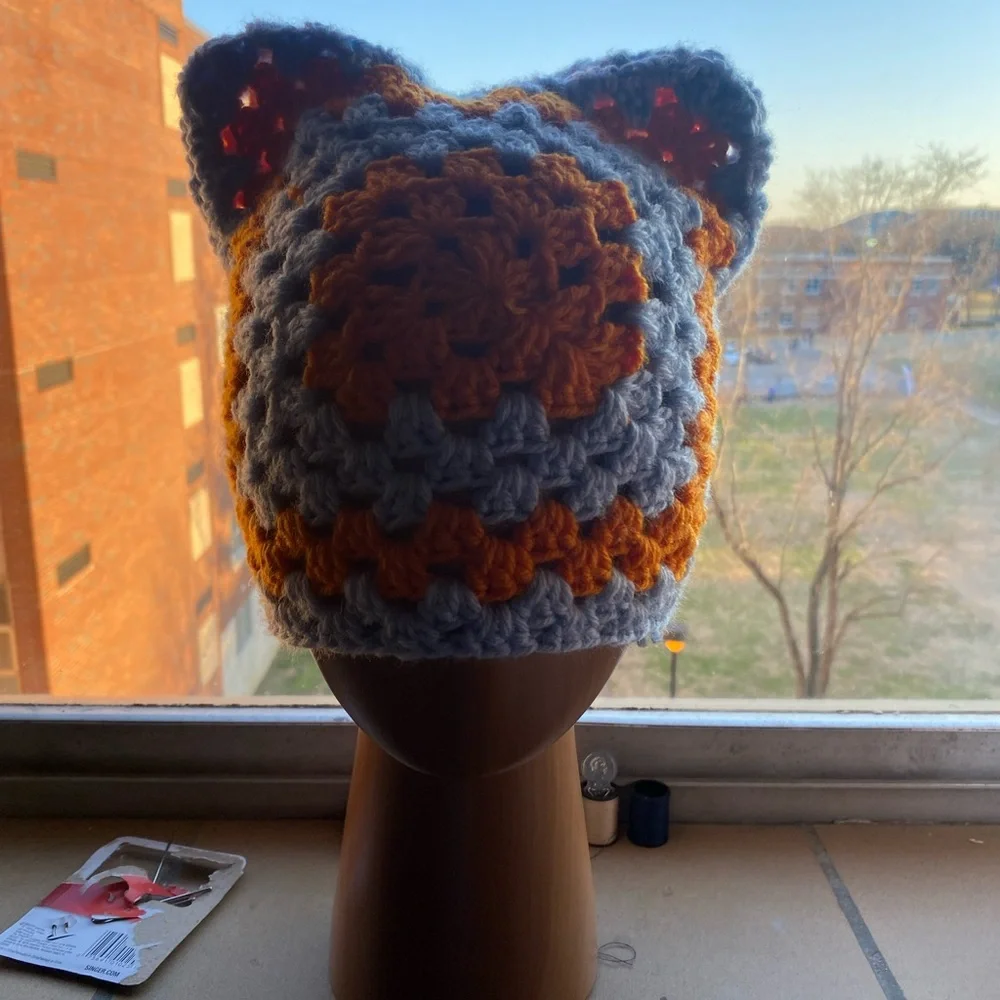 Hand Crafted Orange and Gray Cat-Ear Beanie